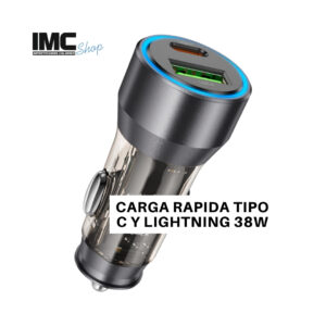 Cargador de Celular Vehicular turbo carga 38W 3.6A, Cargador rápido para coche de 38W con puerto USB tipo C y conector C a Lightning de 1 m
